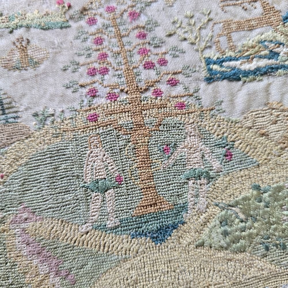 The Garden of Eden, Antique Late 18th Century Sampler by Caroline Berry