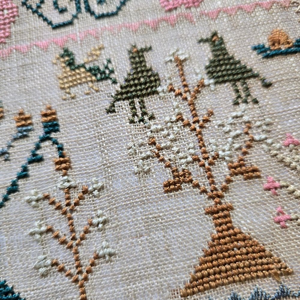 Antique English Sampler by Helen Robertson, c.1820s | Hemstitch, Satin & Eyelet