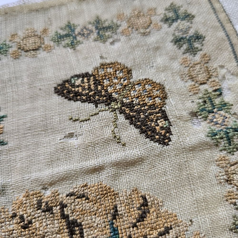 Antique English Pictorial Sampler by Mary Noah, Aged 9, c.1835 | Tree of Life & Cockerel