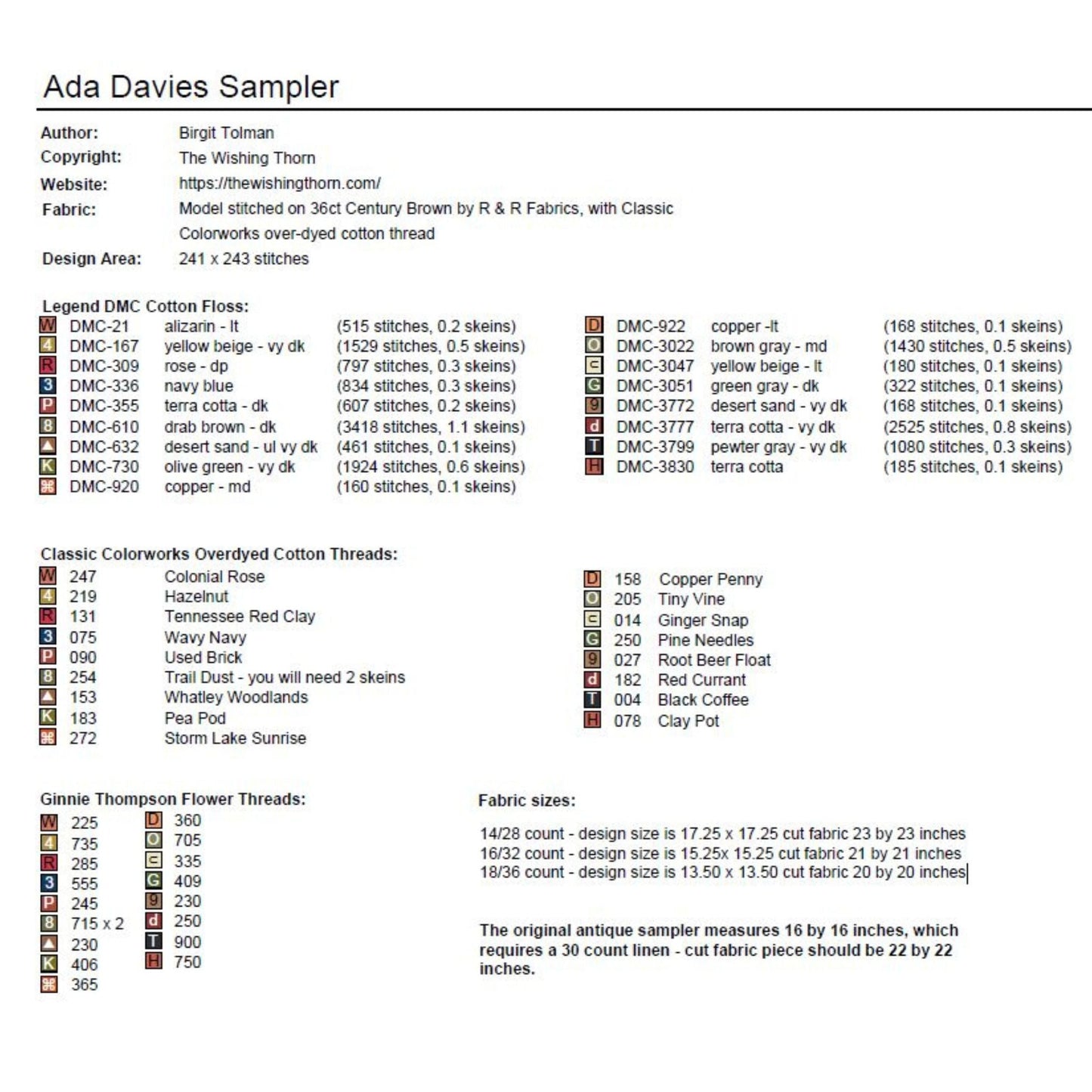Ada Davies 1852 Sampler Paper Chart