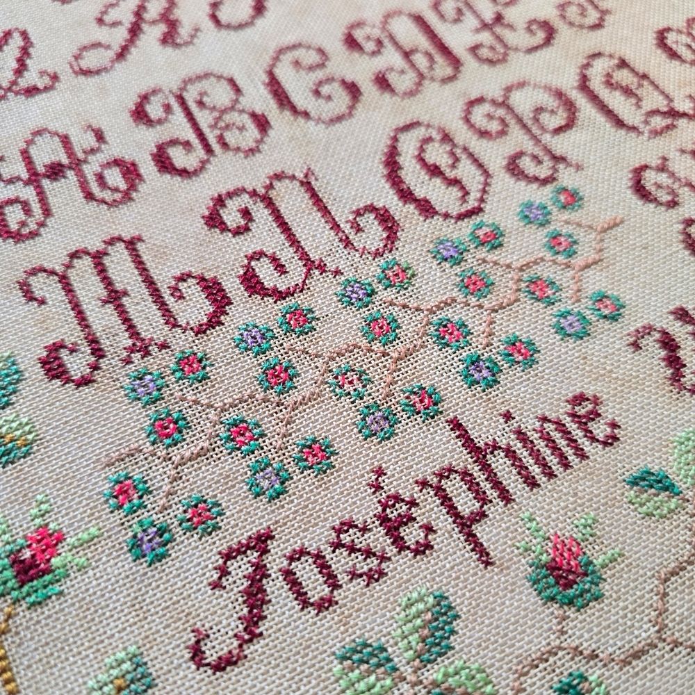 Antique French Redwork Sampler by Josephine Violet, 1891 | Rose Border & Alphabet