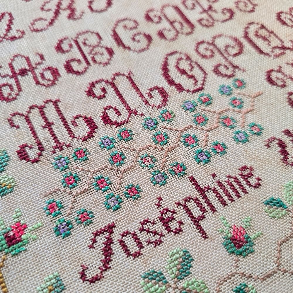 Antique French Redwork Sampler by Josephine Violet, 1891 | Rose Border & Alphabet