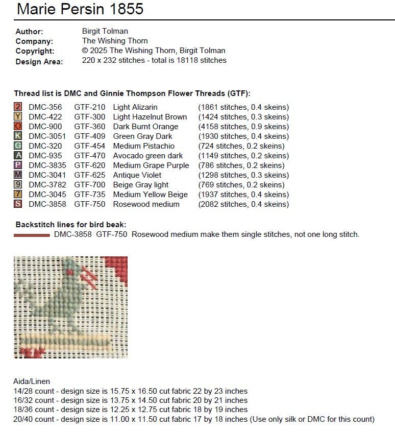 Marie Persin 1855 Sampler – French Antique Reproduction Cross Stitch PDF