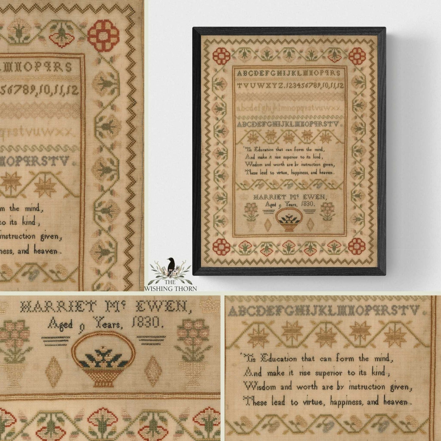 collage of Harriet Mc Ewen Sampler stitched in 1830