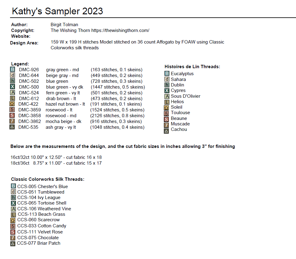 Kathy's Sampler 2023 Paper Chart