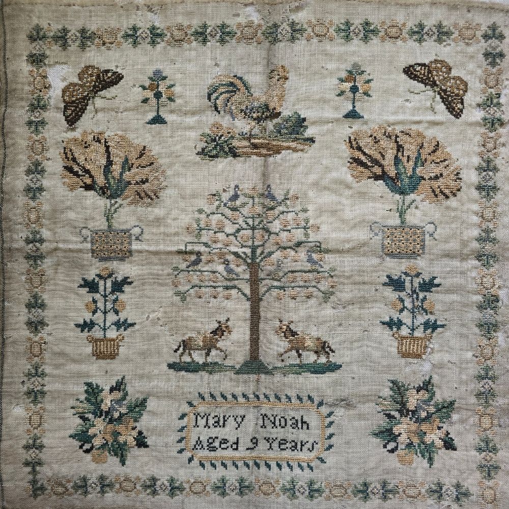 Antique English Pictorial Sampler by Mary Noah, Aged 9, c.1835 | Tree of Life & Cockerel