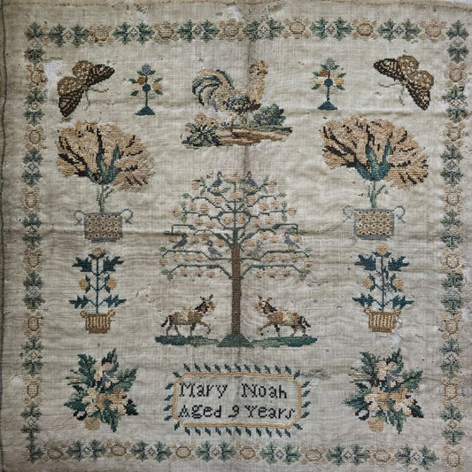 Antique English Pictorial Sampler by Mary Noah, Aged 9, c.1835 | Tree of Life & Cockerel