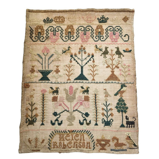 Antique English Sampler by Helen Robertson, c.1820s | Hemstitch, Satin & Eyelet