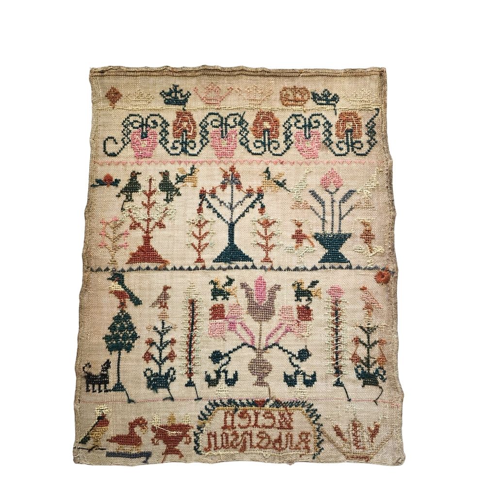 Antique English Sampler by Helen Robertson, c.1820s | Hemstitch, Satin & Eyelet