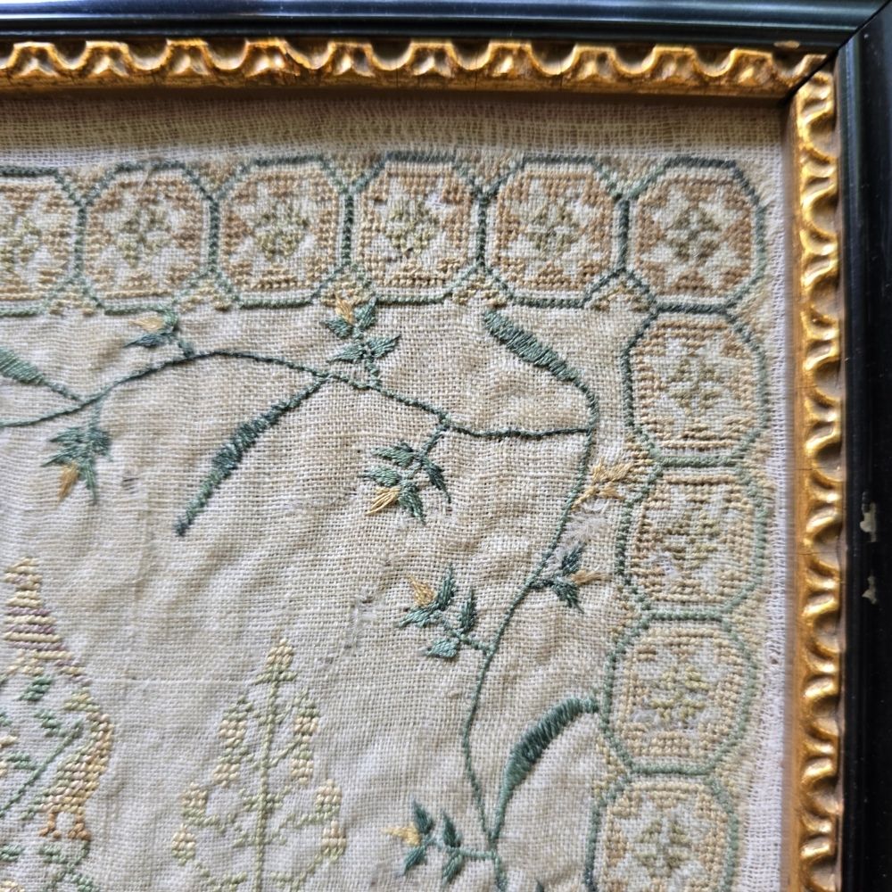 The Garden of Eden, Antique Late 18th Century Sampler by Caroline Berry
