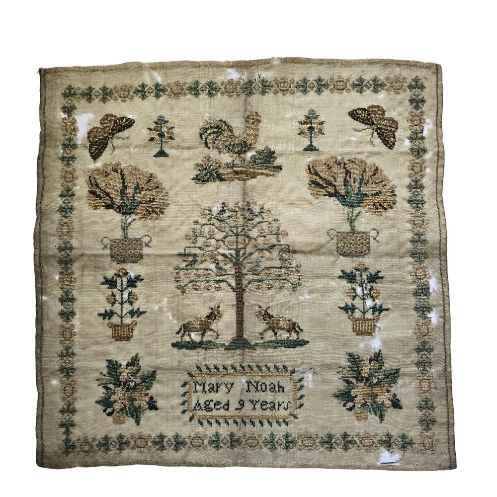 Antique English Pictorial Sampler by Mary Noah, Aged 9, c.1835 | Tree of Life & Cockerel