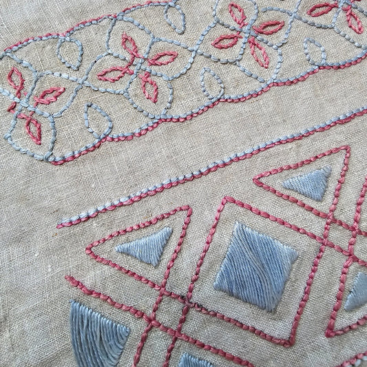 Rare and unusual embroidery sampler in blue and pink