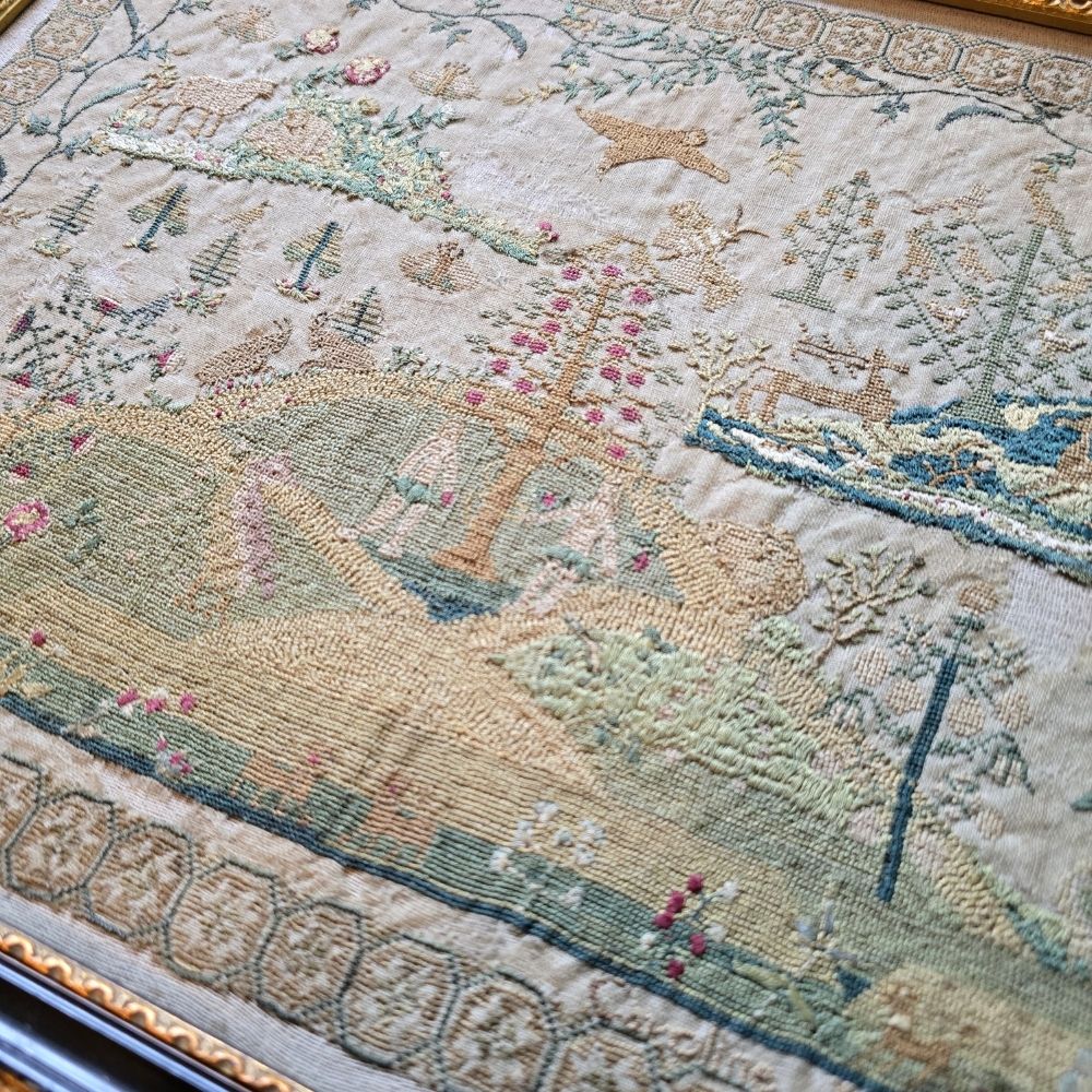 The Garden of Eden, Antique Late 18th Century Sampler by Caroline Berry