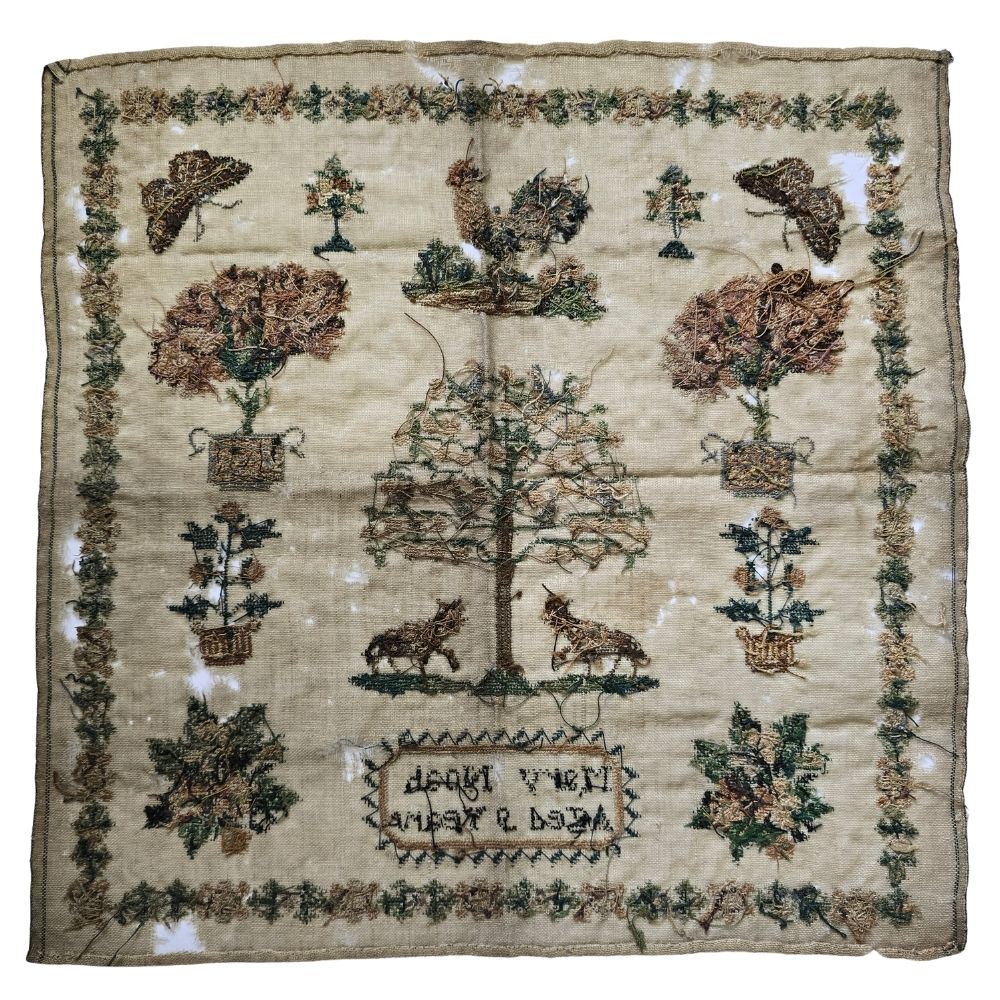 Antique English Pictorial Sampler by Mary Noah, Aged 9, c.1835 | Tree of Life & Cockerel