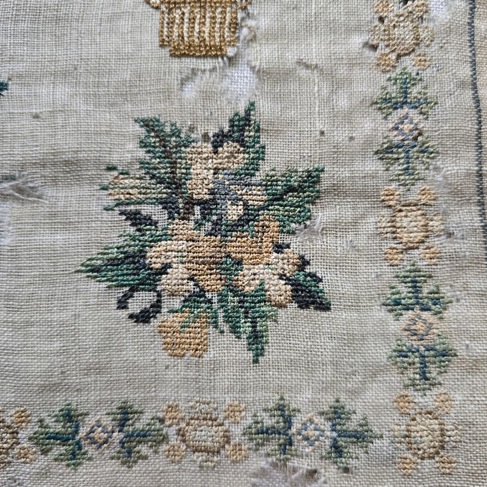 Antique English Pictorial Sampler by Mary Noah, Aged 9, c.1835 | Tree of Life & Cockerel
