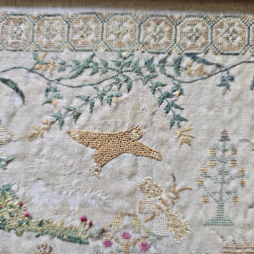 The Garden of Eden, Antique Late 18th Century Sampler by Caroline Berry