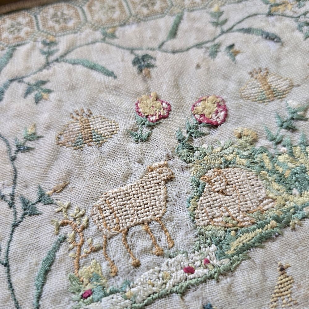 The Garden of Eden, Antique Late 18th Century Sampler by Caroline Berry