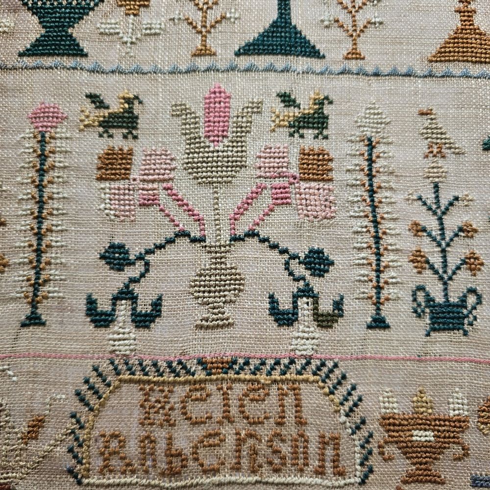 Antique English Sampler by Helen Robertson, c.1820s | Hemstitch, Satin & Eyelet