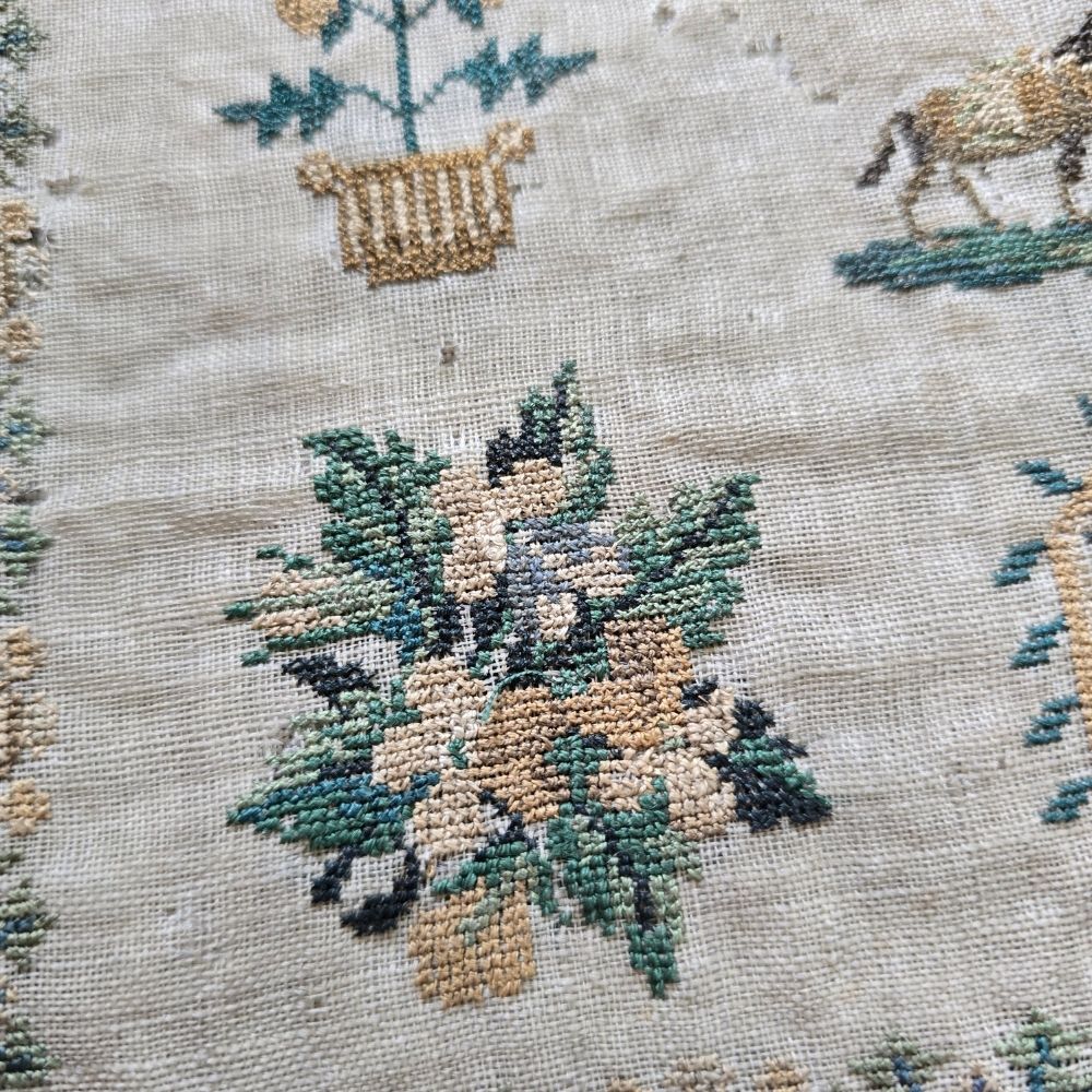 Antique English Pictorial Sampler by Mary Noah, Aged 9, c.1835 | Tree of Life & Cockerel