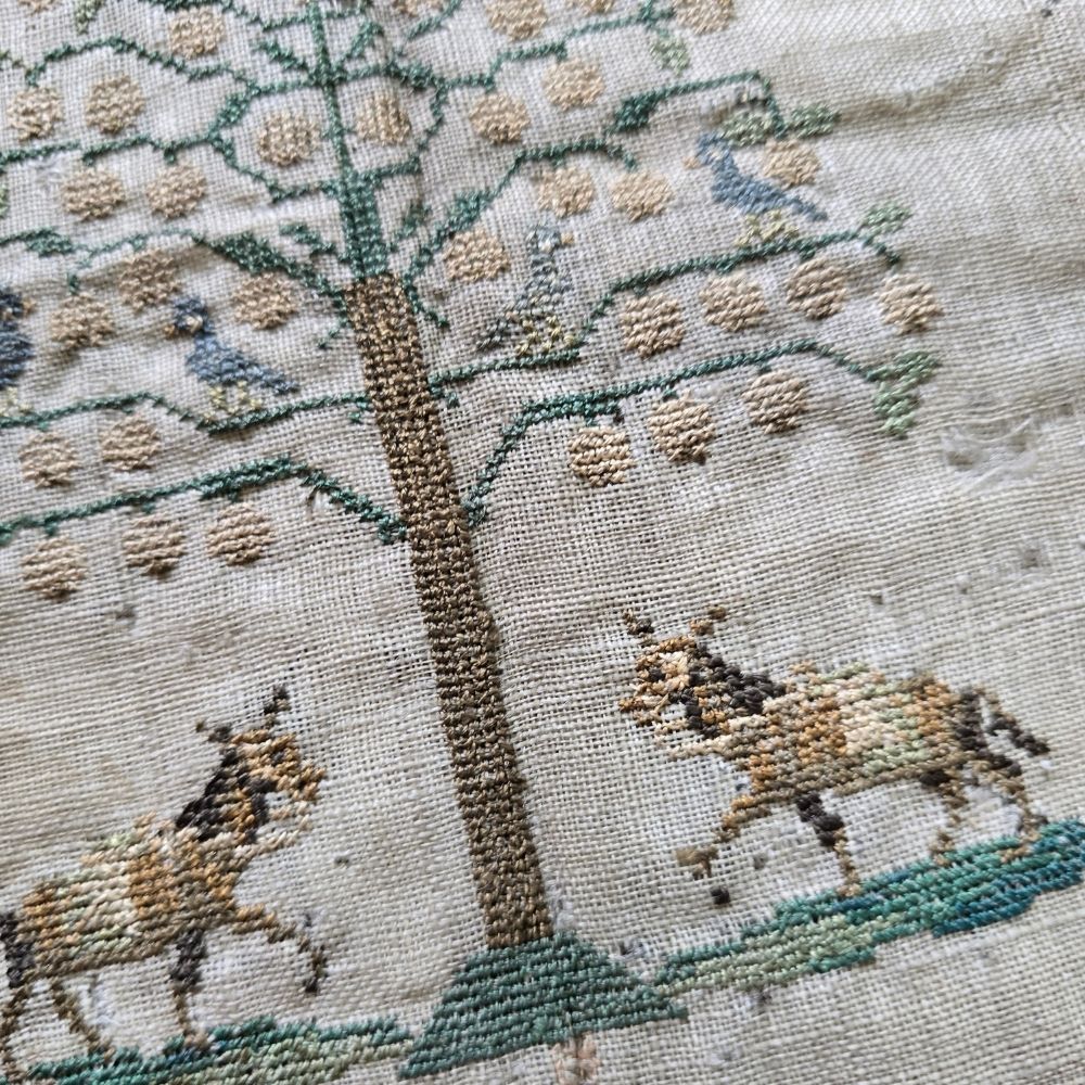 Antique English Pictorial Sampler by Mary Noah, Aged 9, c.1835 | Tree of Life & Cockerel