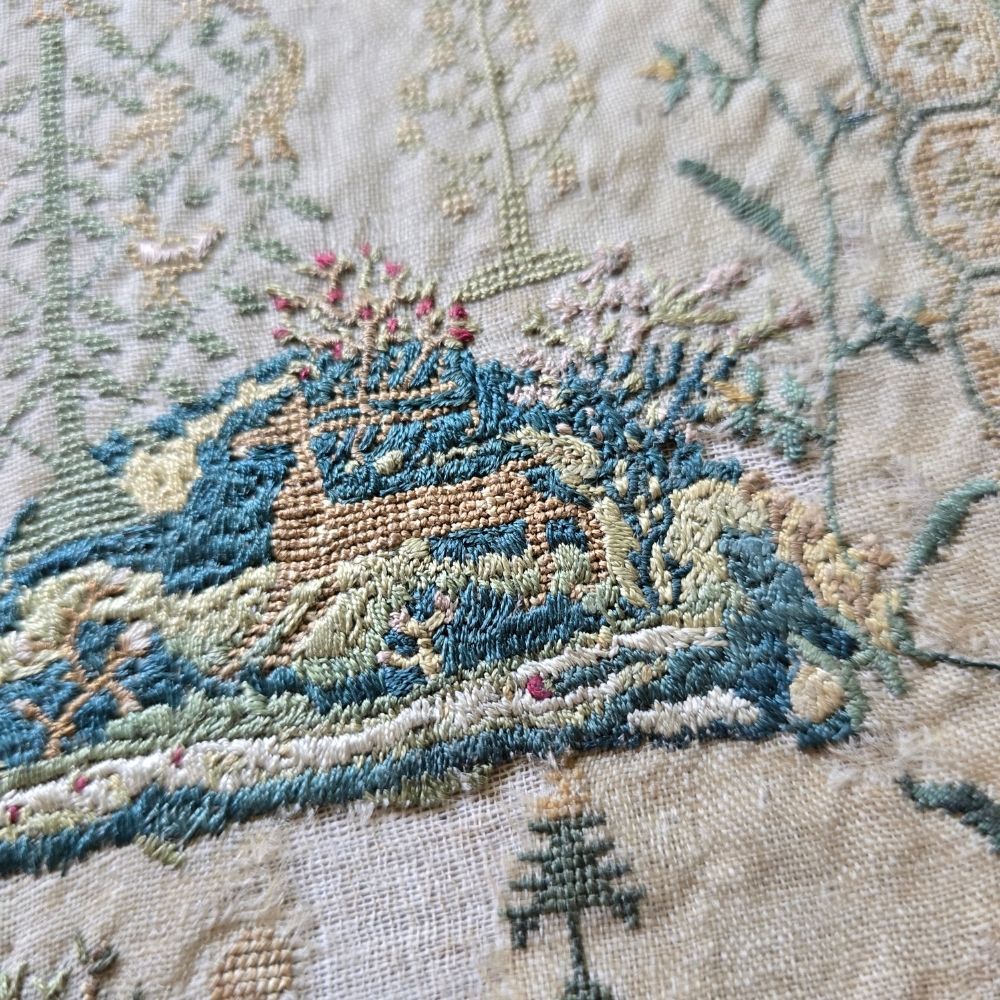 The Garden of Eden, Antique Late 18th Century Sampler by Caroline Berry
