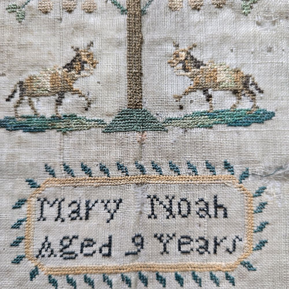 Antique English Pictorial Sampler by Mary Noah, Aged 9, c.1835 | Tree of Life & Cockerel
