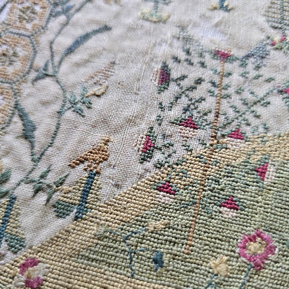 The Garden of Eden, Antique Late 18th Century Sampler by Caroline Berry