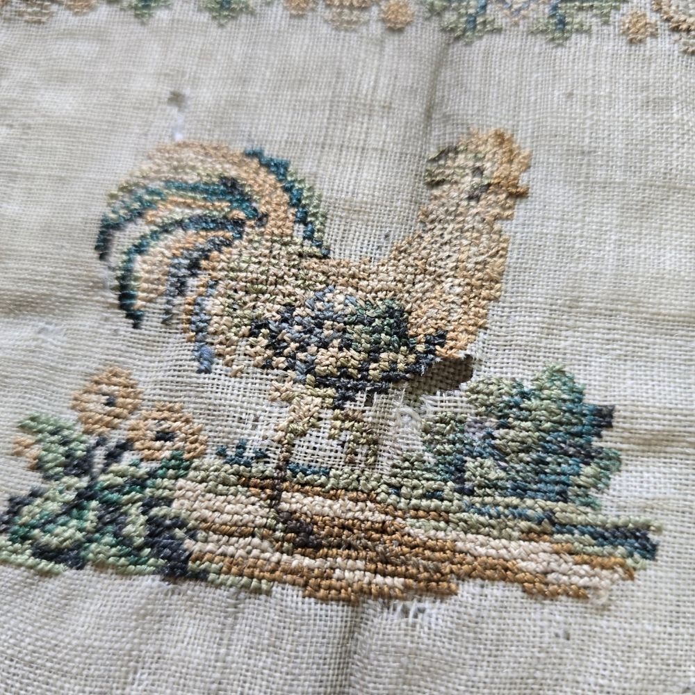 Antique English Pictorial Sampler by Mary Noah, Aged 9, c.1835 | Tree of Life & Cockerel