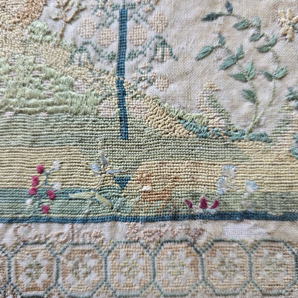 The Garden of Eden, Antique Late 18th Century Sampler by Caroline Berry