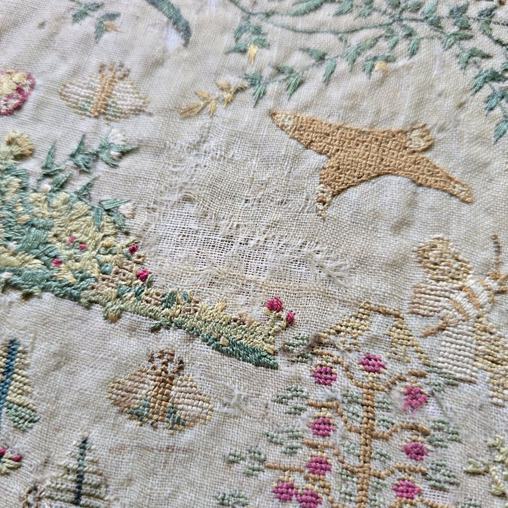 The Garden of Eden, Antique Late 18th Century Sampler by Caroline Berry