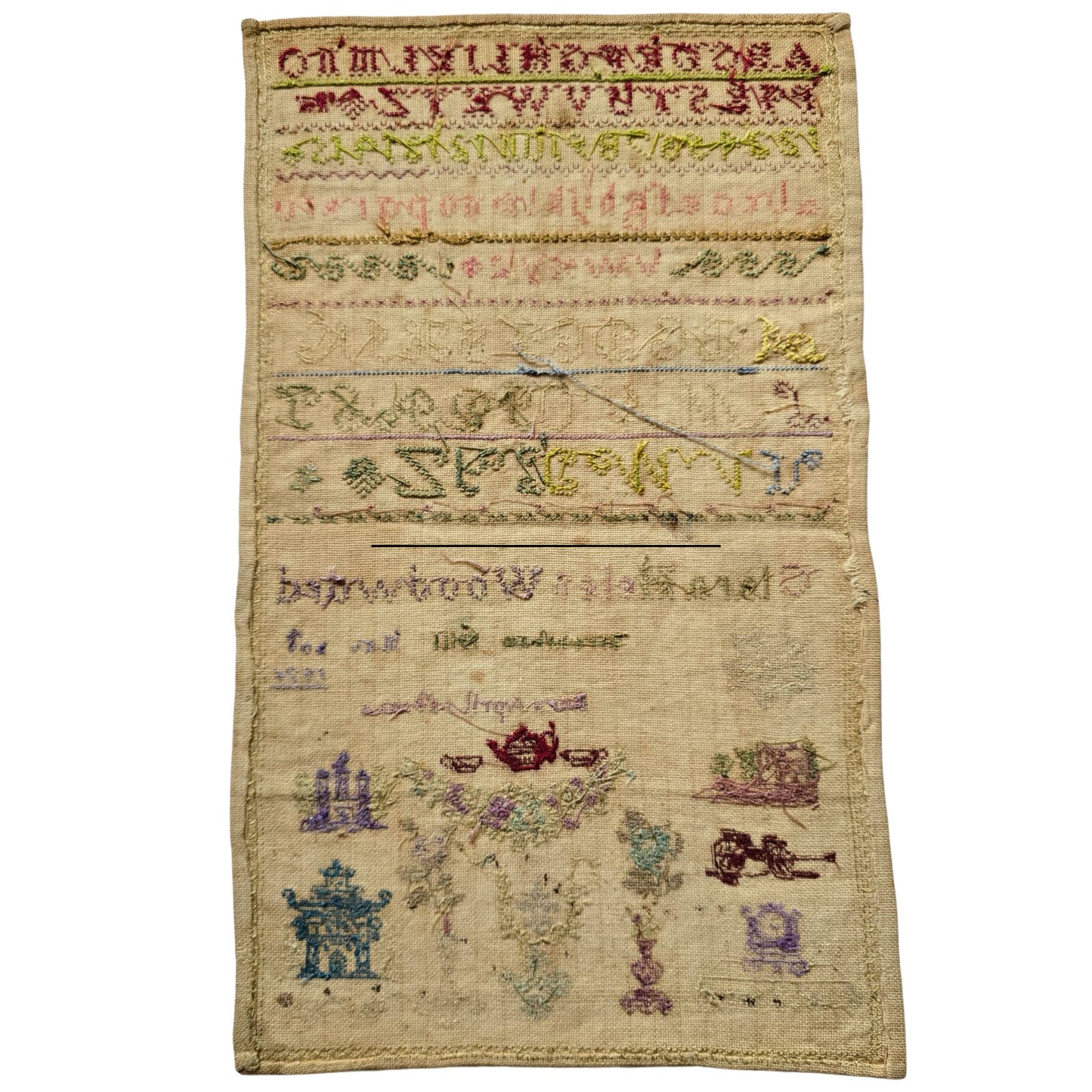 Antique Cross Stitch Sampler – Clara Helen Woodward, 1875 | Tea Cup & Alphabet