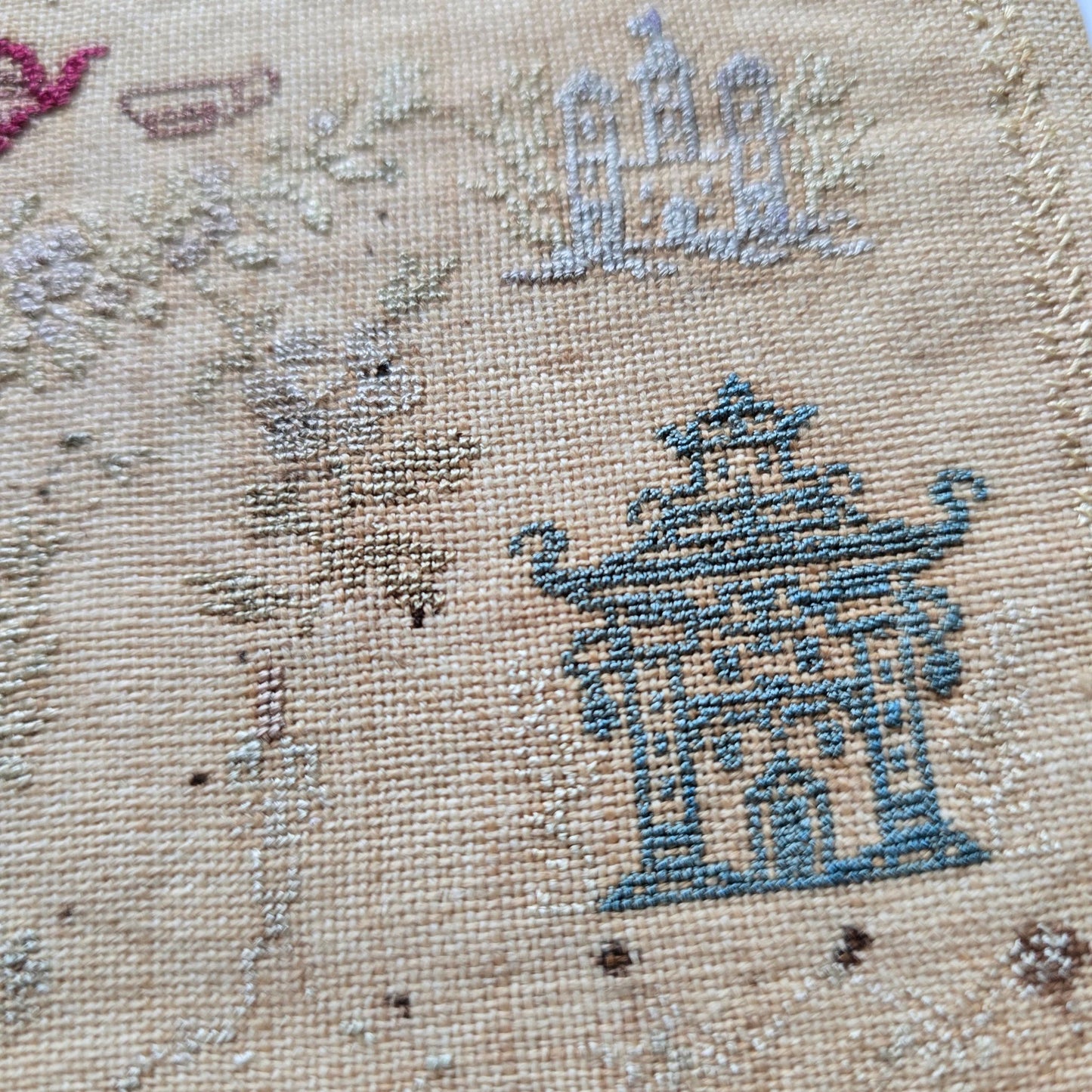 Antique Cross Stitch Sampler – Clara Helen Woodward, 1875 | Tea Cup & Alphabet
