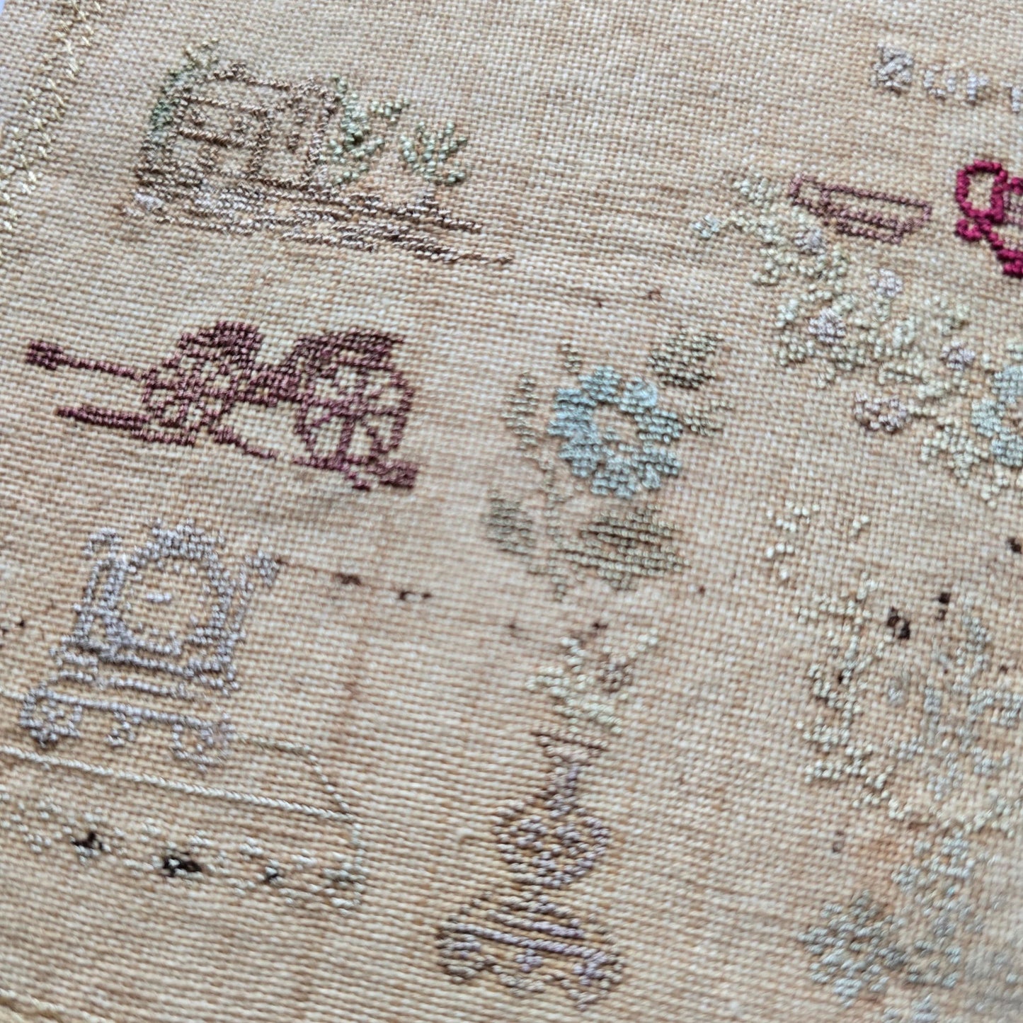 Antique Cross Stitch Sampler – Clara Helen Woodward, 1875 | Tea Cup & Alphabet