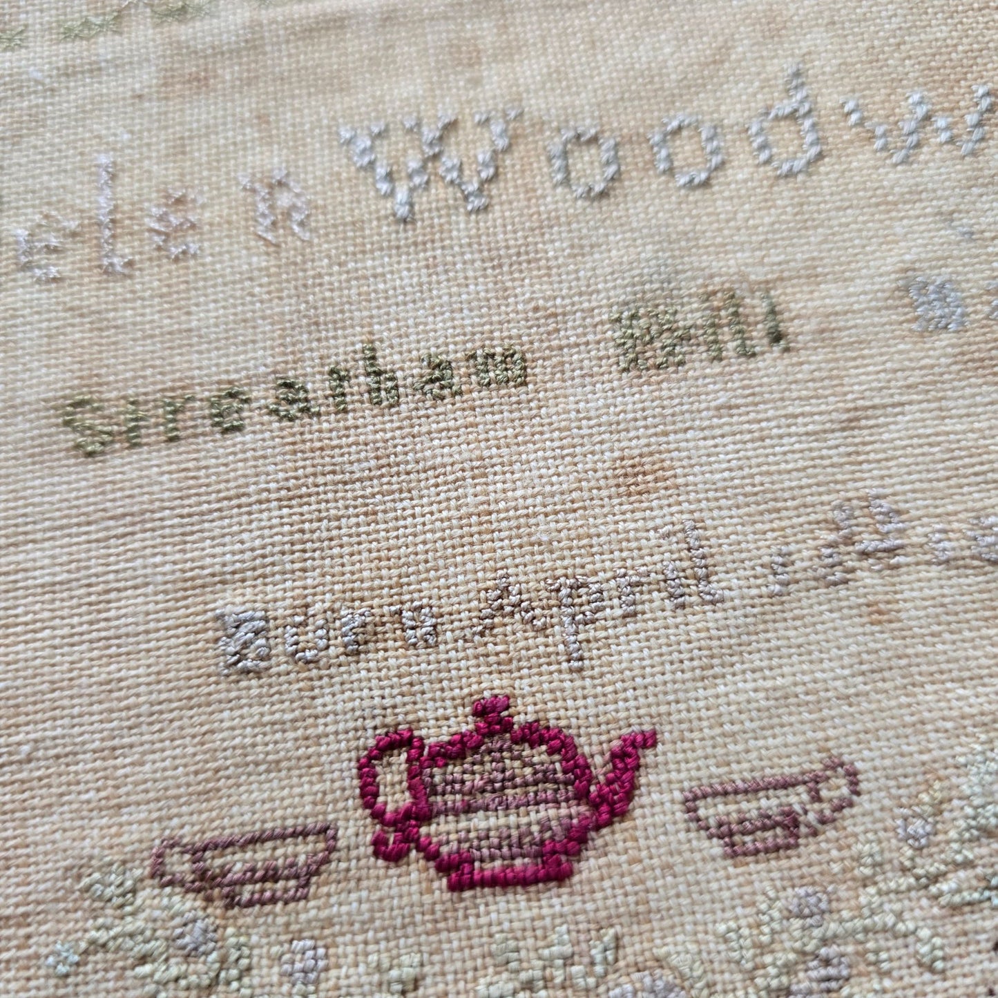 Antique Cross Stitch Sampler – Clara Helen Woodward, 1875 | Tea Cup & Alphabet