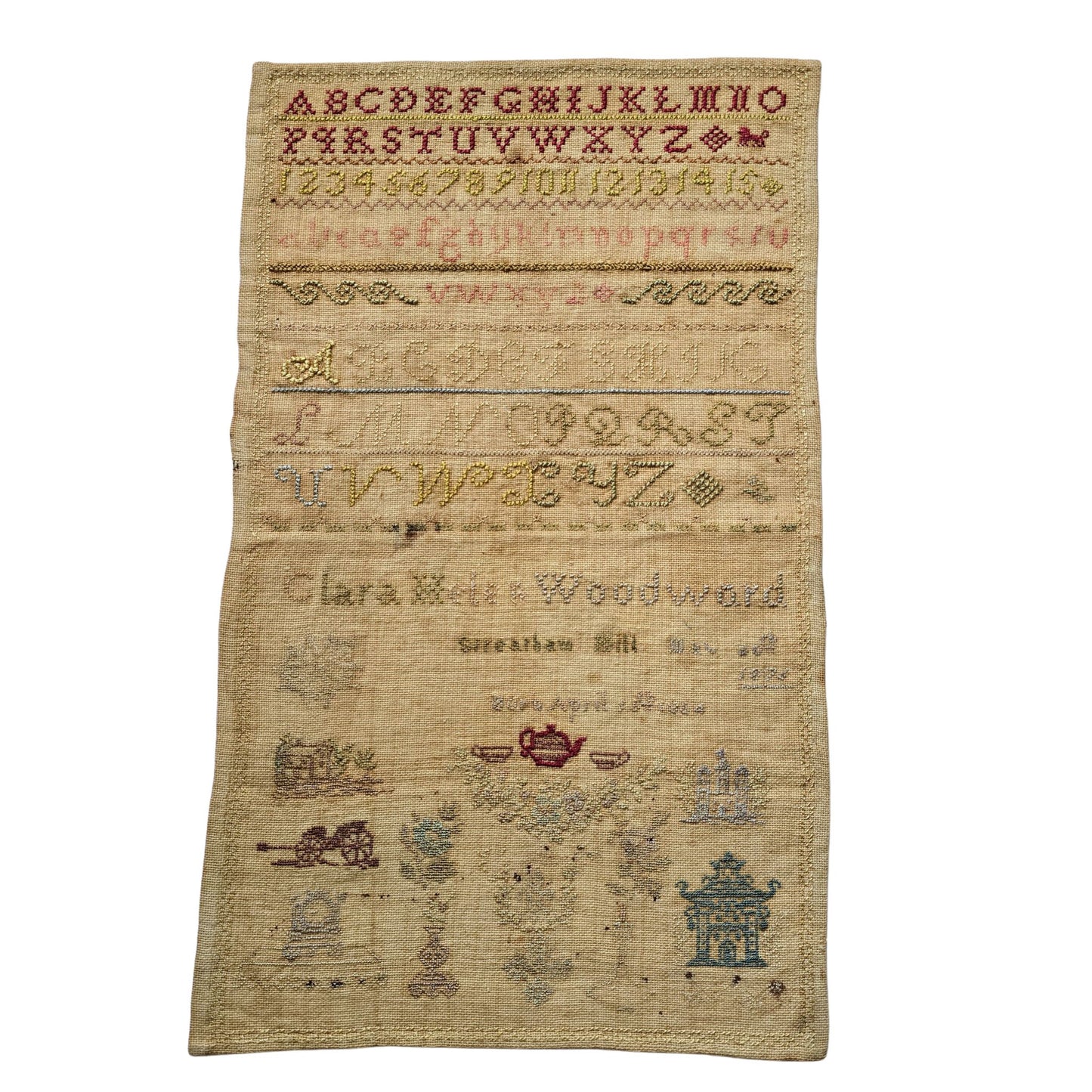 Antique Cross Stitch Sampler – Clara Helen Woodward, 1875 | Tea Cup & Alphabet