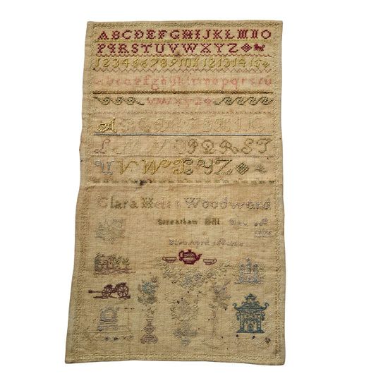 Antique Cross Stitch Sampler – Clara Helen Woodward, 1875 | Tea Cup & Alphabet