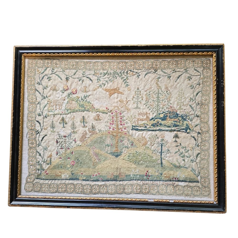The Garden of Eden, Antique Late 18th Century Sampler by Caroline Berry