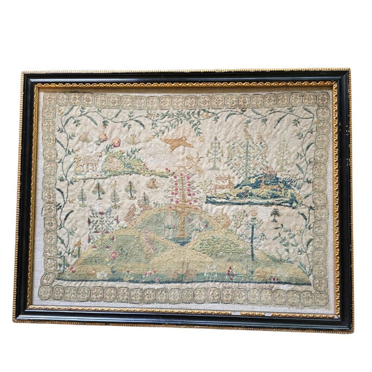 The Garden of Eden, Antique Late 18th Century Sampler by Caroline Berry