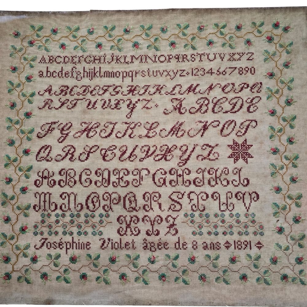 Antique French Redwork Sampler by Josephine Violet, 1891 | Rose Border & Alphabet