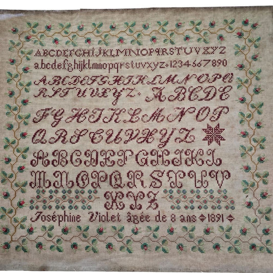Antique French Redwork Sampler by Josephine Violet, 1891 | Rose Border & Alphabet