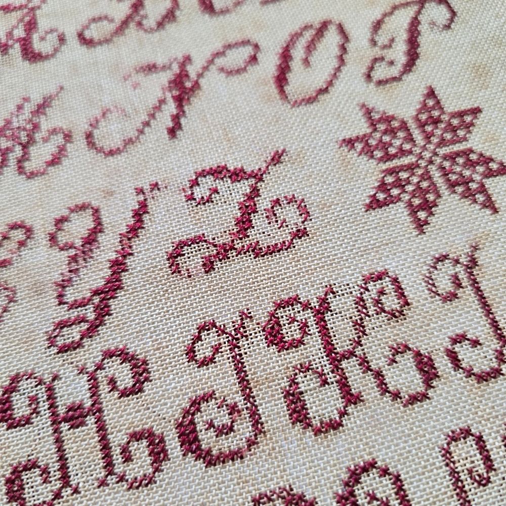 Antique French Redwork Sampler by Josephine Violet, 1891 | Rose Border & Alphabet