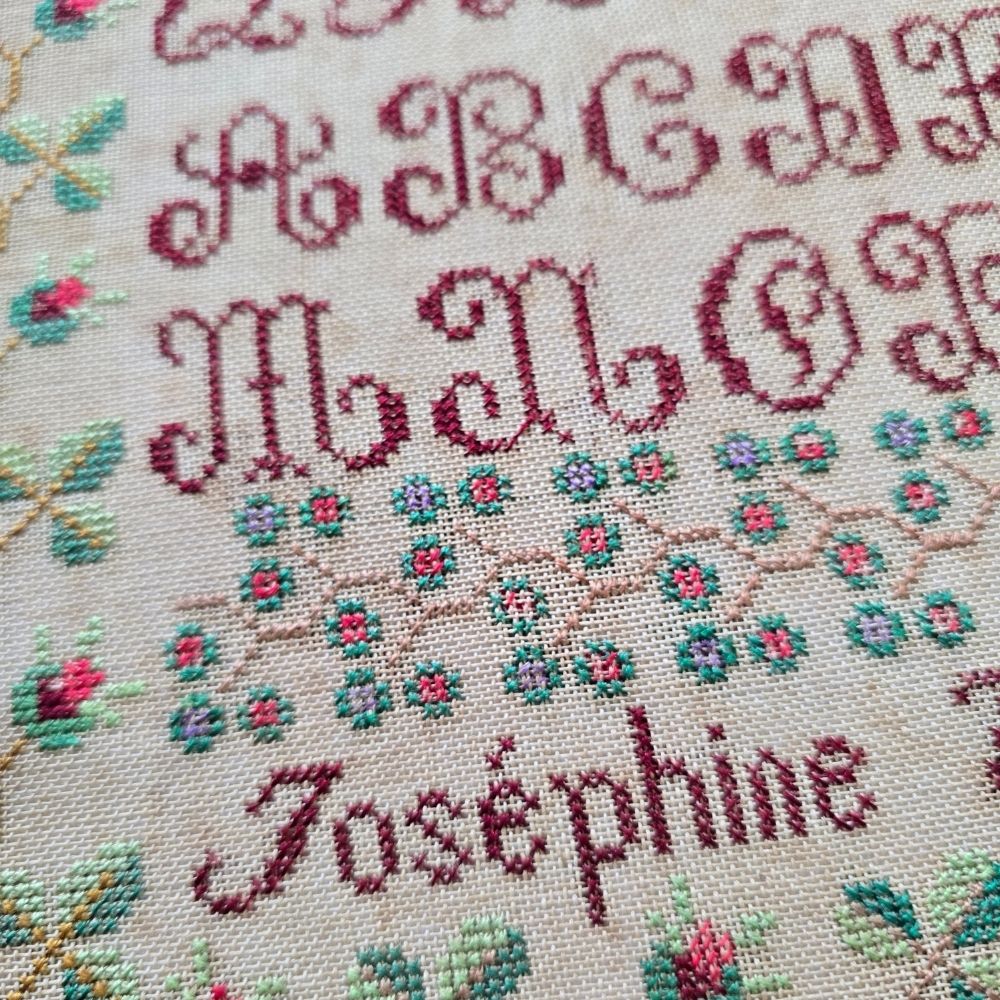 Antique French Redwork Sampler by Josephine Violet, 1891 | Rose Border & Alphabet
