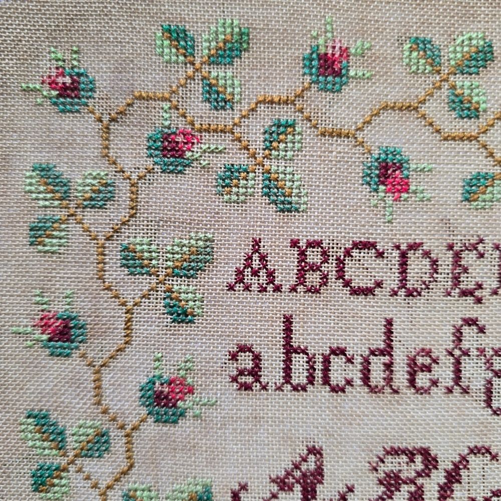 Antique French Redwork Sampler by Josephine Violet, 1891 | Rose Border & Alphabet