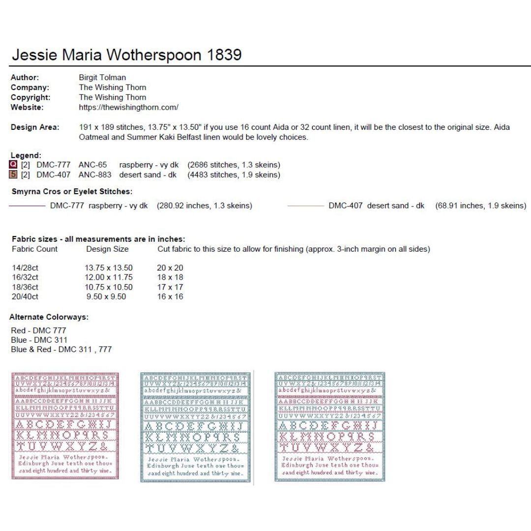 Jessie Maria Wotherspoon 1839 Sampler Paper Chart