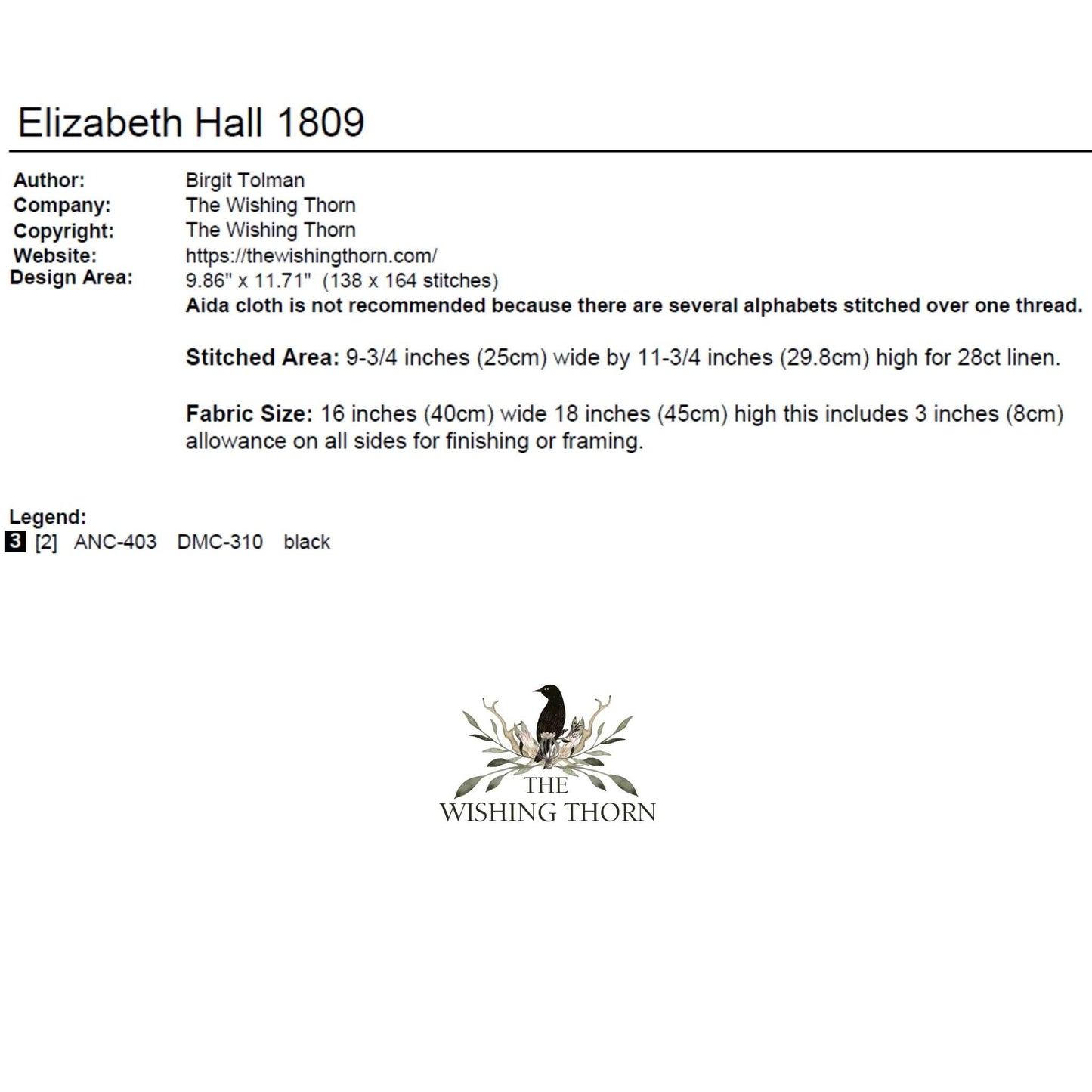 Elizabeth Hall 1809 Sampler Pattern