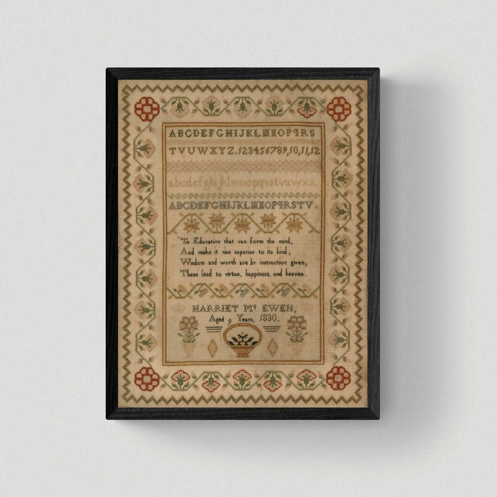 Framed image of the sampler stitched by Harriet Mc Ewen in 1830