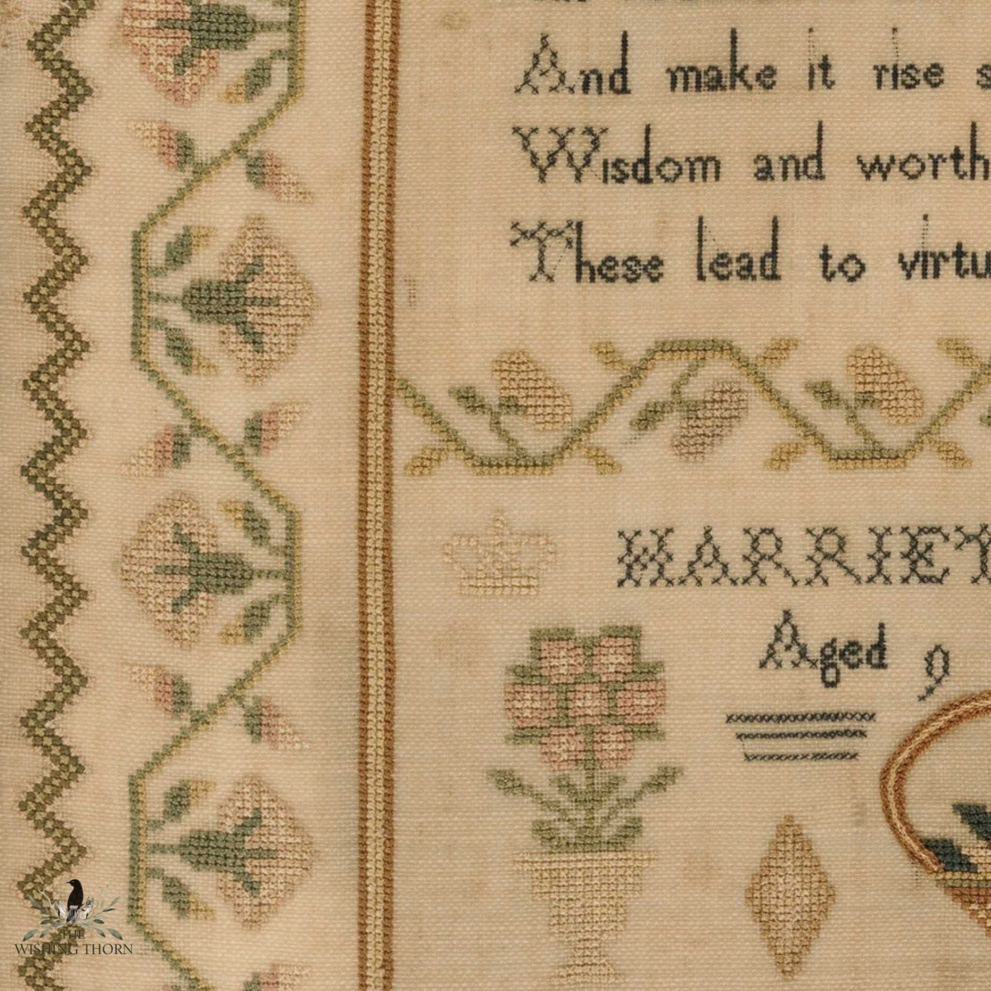closeup of the middle left of the sampler stitched by Harriet Mc Ewen in 1830