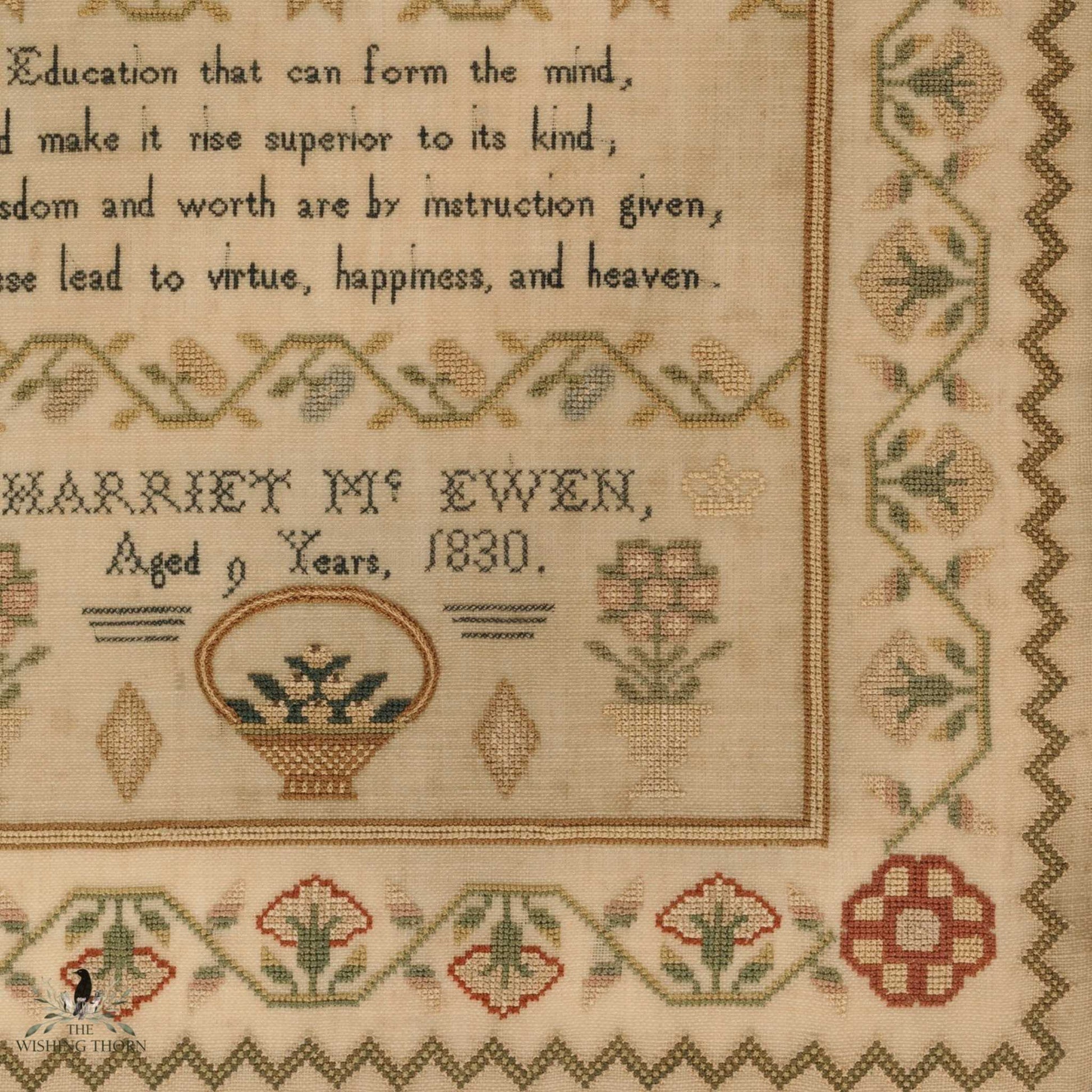Closeup of the bottom right corner of Harriet Mc Ewen Sampler stitched in 1830