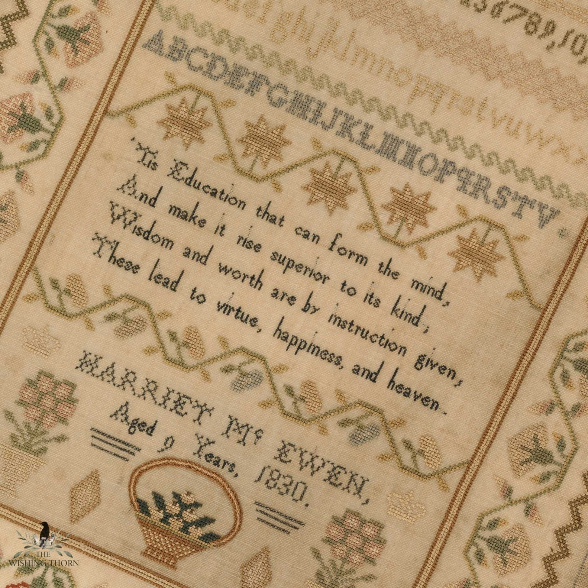 closeup of the verse area of the sampler stitched by Harriet Mc Ewen in 1830