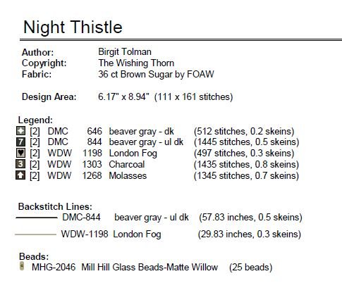 Night Thistle Sampler Pattern Printed Version